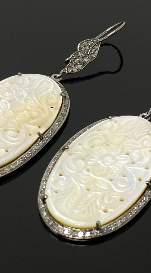 Load image into Gallery viewer, Mother of Pearl Pave Diamond Earrings, Natural Gemstone Nacre
