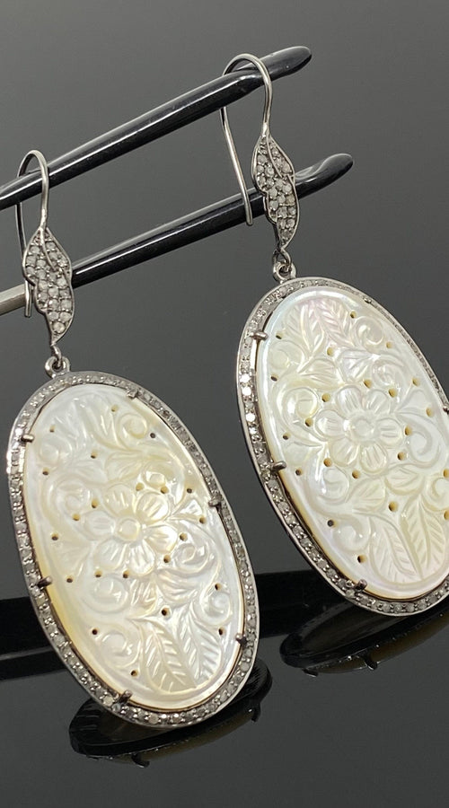 Load image into Gallery viewer, Mother of Pearl Pave Diamond Earrings, Natural Gemstone Nacre
