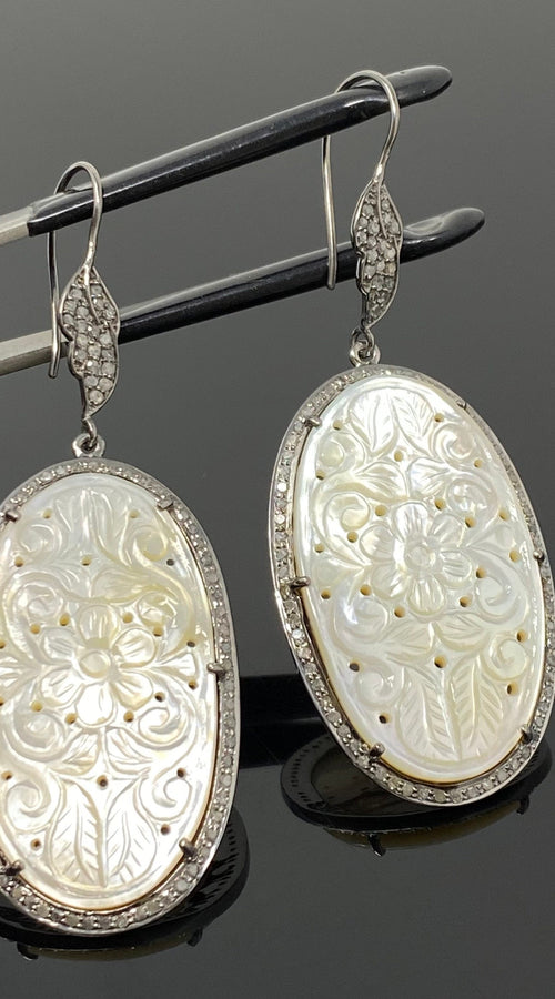 Load image into Gallery viewer, Mother of Pearl Pave Diamond Earrings, Natural Gemstone Nacre
