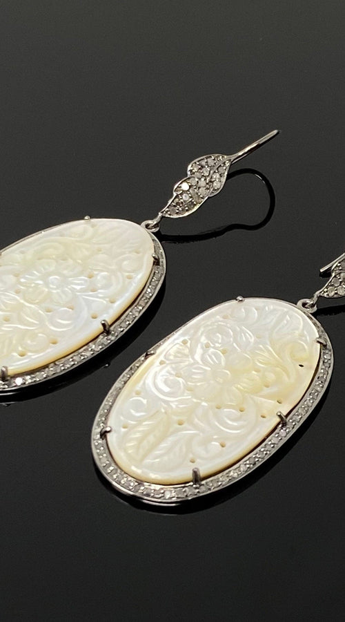 Load image into Gallery viewer, Mother of Pearl Pave Diamond Earrings, Natural Gemstone Nacre
