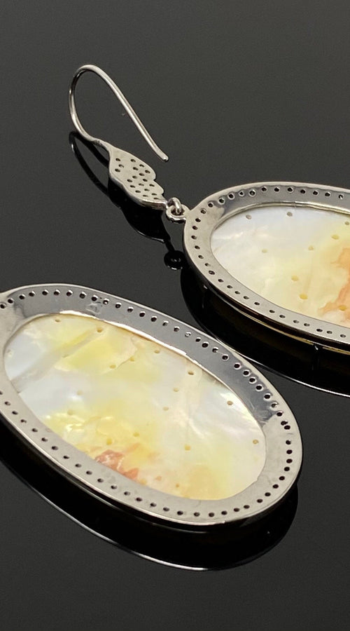 Load image into Gallery viewer, Mother of Pearl Pave Diamond Earrings, Natural Gemstone Nacre
