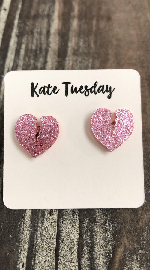 Load image into Gallery viewer, Pink Broken Heart Glitter Stud Earrings
