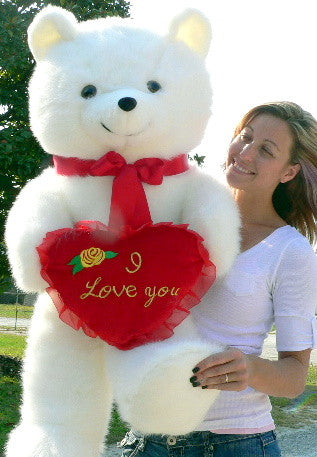 Load image into Gallery viewer, American Made Giant White Teddy Bear Holding I Love You Heart Pillow
