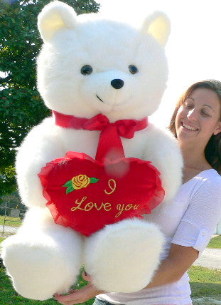 Load image into Gallery viewer, American Made Giant White Teddy Bear Holding I Love You Heart Pillow
