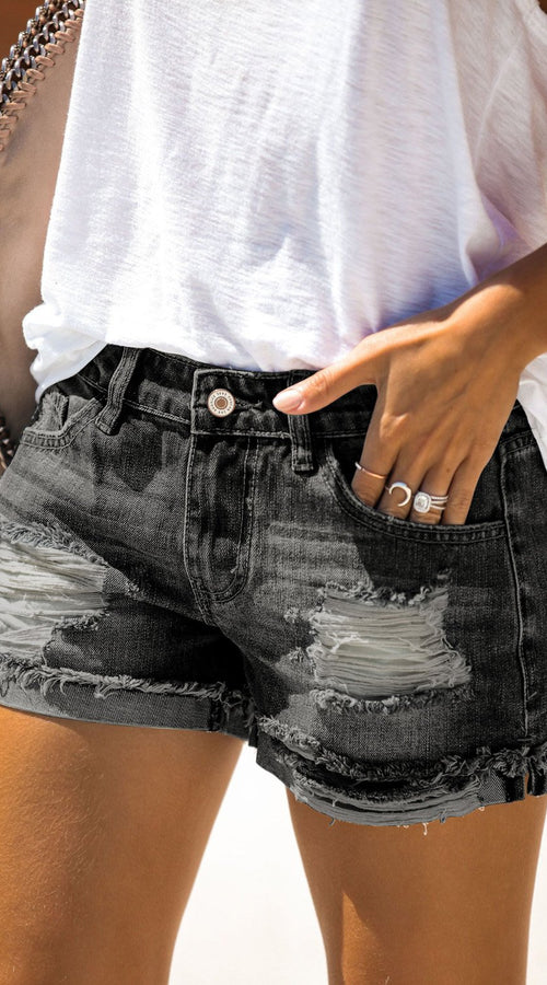 Load image into Gallery viewer, women&#39;s distressed ripped rolled hem blue denim shorts
