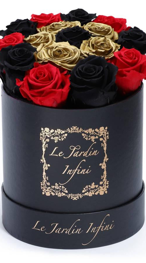 Load image into Gallery viewer, Gold Preserved Roses with Black, Red &amp; 1 Black Rose - Medium Round
