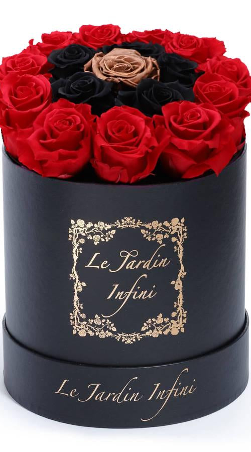 Load image into Gallery viewer, Red Preserved with Black &amp; Copper Rose - Medium Round Black Box
