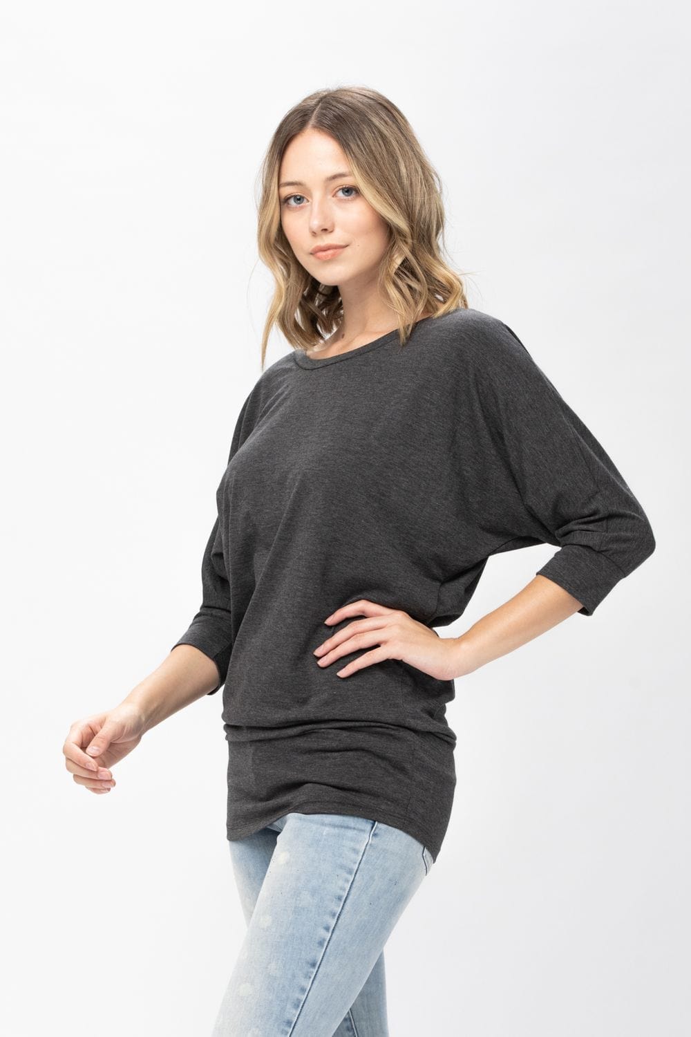3/4 Dolman Batwing Sleeve Round Neck Comfy Loose fit Casual Tunics