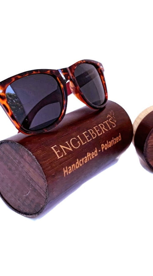 Load image into Gallery viewer, red bamboo tortoise framed sunglasses with wood case, artisan engraved
