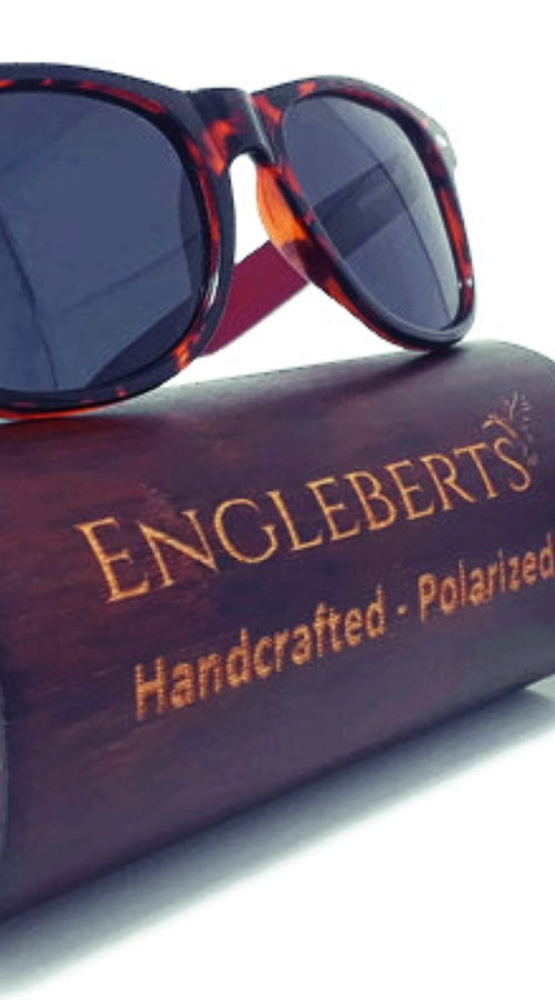 Load image into Gallery viewer, red bamboo tortoise framed sunglasses with wood case, artisan engraved
