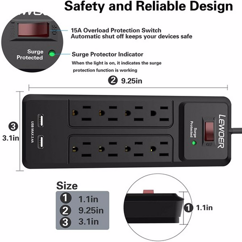 Load image into Gallery viewer, 8 AC Outlets and 2 USB Charging Ports Power Strip
