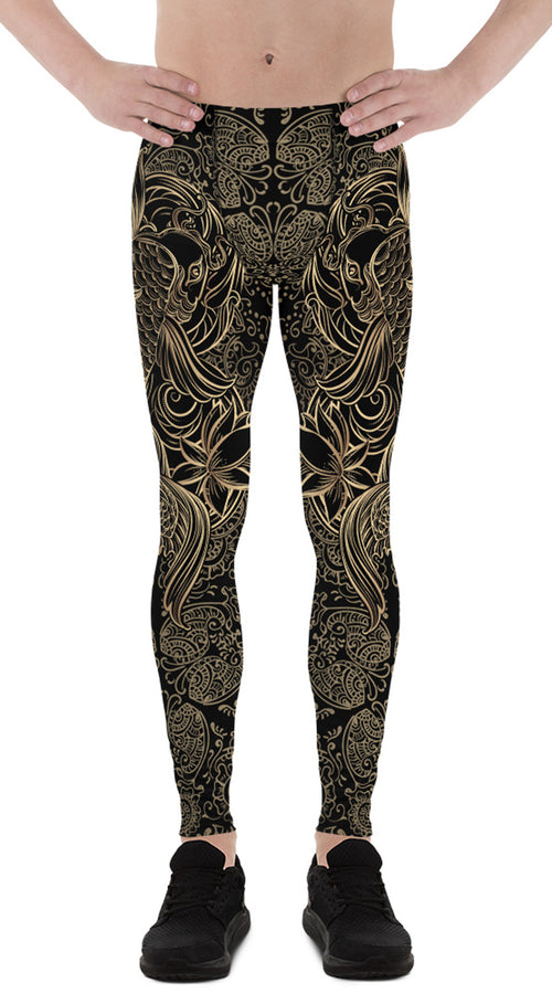 Load image into Gallery viewer, golden koi fish black leggings for men
