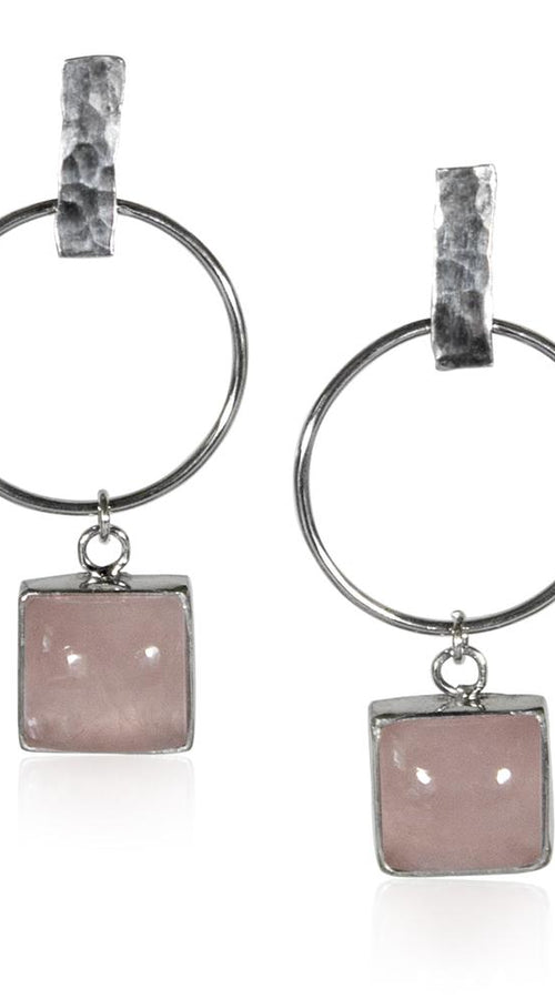Load image into Gallery viewer, hammered geometric hoop and rose charm sterling silver earrings
